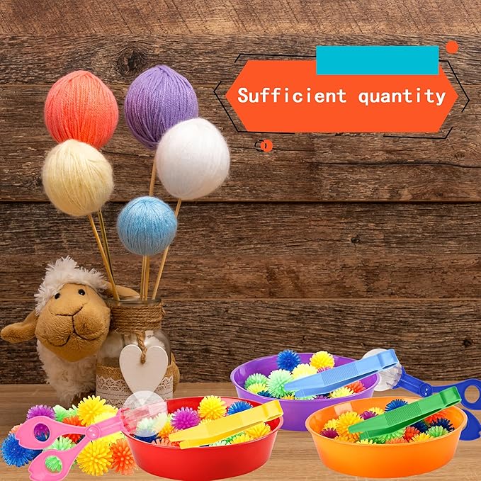 141 Pieces Fine Motor Toy Counting Sorting Sensory Bin Filler Include 6 Colorful Sorting Cup 10 Tweezers 5 Bear Ball Clip 120 Hedge Balls for Kid Early Skill Education