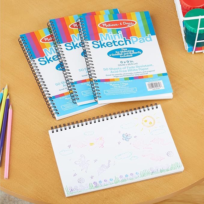Melissa & Doug Mini-Sketch Spiral-Bound Pad (6 x 9 inches) - 4-Pack Sketch Book for Kids, Kids Drawing Paper, Drawing and Coloring Pads