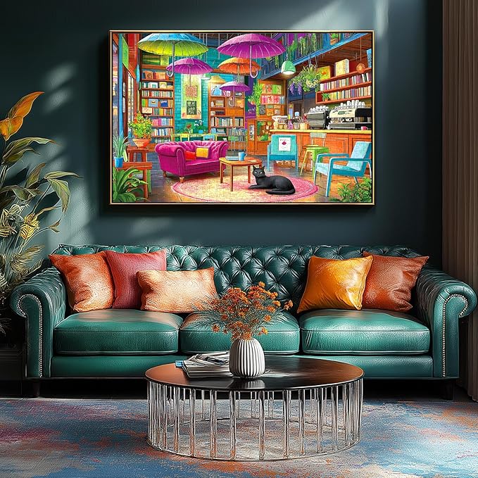 1000 Piece Jigsaw Puzzle for Adults Colorful Cozy Book Cafe Library Scene with Black Cat Puzzles with Letters on Back Fun for Seniors & Game Night Adult Games (27.5" x 19.7")