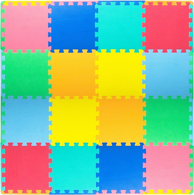 ProSource Foam Puzzle Floor Play Mat for Kids and Babies with Solid Colors, 36 or 16 Interlocking Tiles with Borders, Assorted