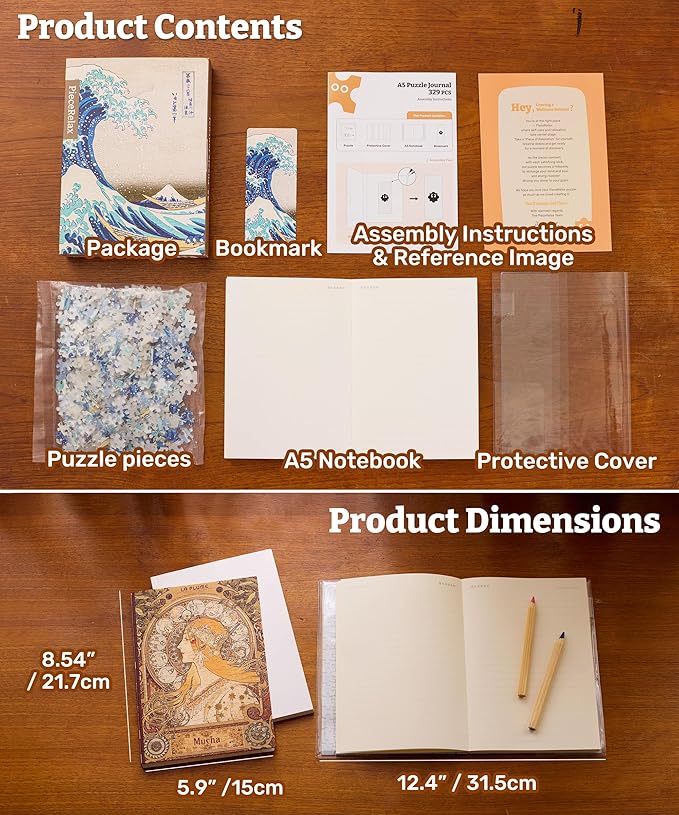 PieceRelax A5 Puzzle Journal 329 Plastic Pieces for Adults - Katsushika Hokusai - The Great Wave - Book Cover & Notebook, Unique Puzzle Gift, Jigsaw Artwork [YA1066]