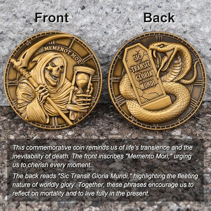 Memento Mori Challenge Coin - Hourglass & Scythe Design with Latin Inscriptions, Embrace Life’s Transience with Inspirational Design (Single Coin)