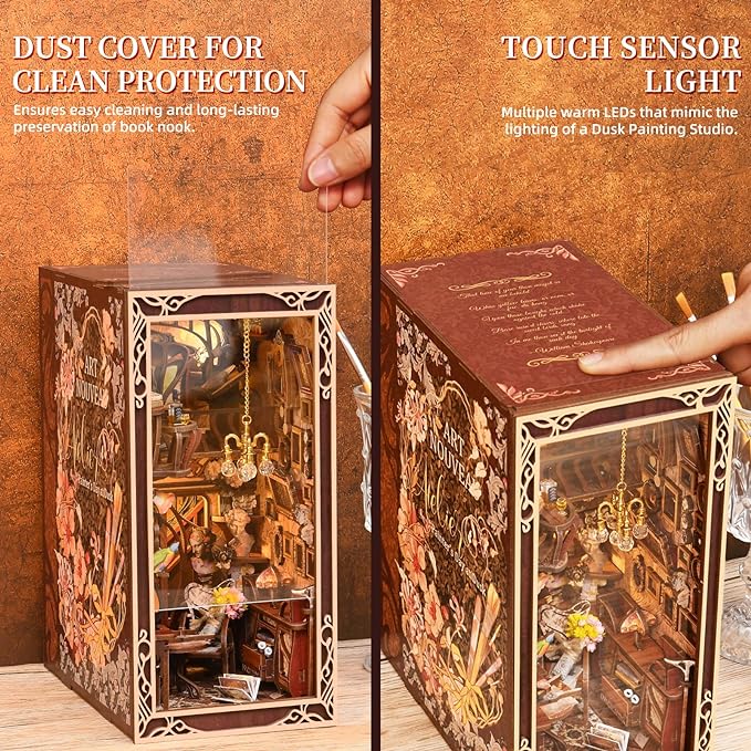 DIY Book Nook Kit, Miniature Dollhouse Booknook Kit, 3D Wooden Puzzle Bookend Bookshelf Insert with LED Light for Teens and Adults, Painter's Day at Dusk