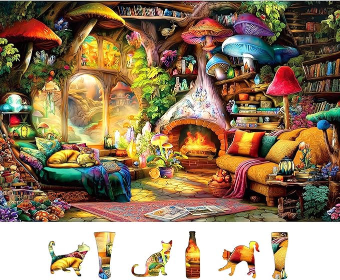 Fantasy Mushroom House Jigsaw Puzzle, 500 Pieces, Cozy Interior Scene with Fireplace