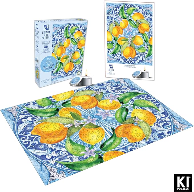 KI Puzzles 500 Piece Puzzle for Adults Aromatherapy Mediterranean Tile Jigsaw + Scented Candle Playview Brands