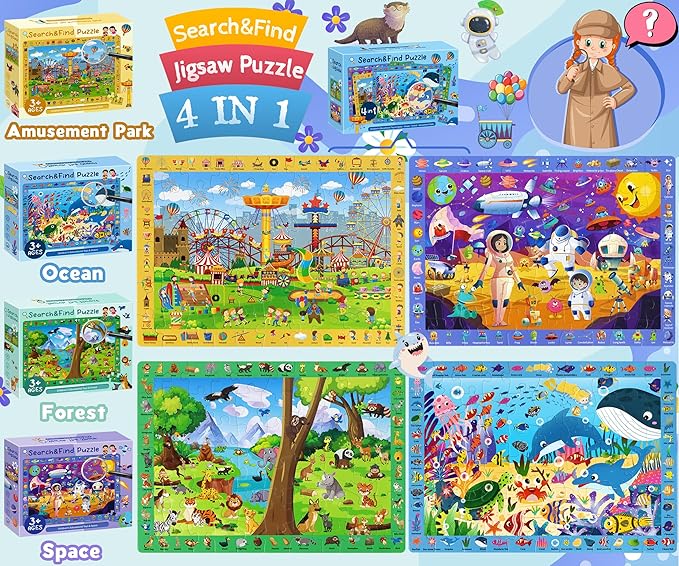4 Pack Search and Find Puzzles for Kids Ages 4-6 6-8 8-10, Space Forest Ocean Amusement Park Kids Puzzles, 60 Pieces Jigsaw Puzzle for Adults Kids Learning Puzzle Toys Gifts for Girls Boys(14x10 inch)