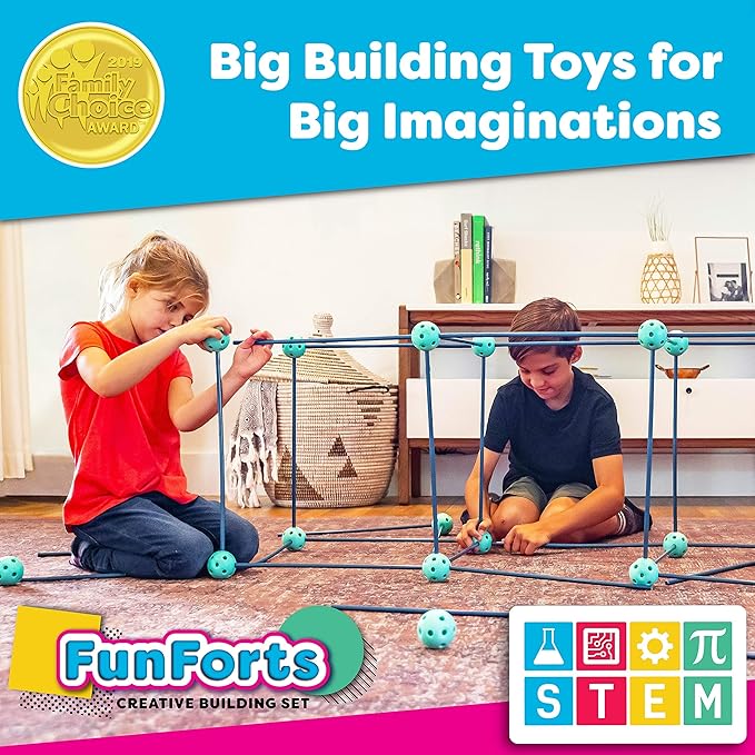 Power Your Fun Forts Kids Tent - 81 Pack STEM Toy Fort Building Kit, Building Toys Play Tent Indoor and Outdoor Playhouse for Kids Construction Toys with 52 Rods and 29 Spheres (Green, Blue)