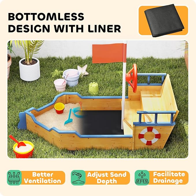 Outsunny Wooden Kids Sandbox, Pirate Ship Outdoor Sandboat with Bench Seats, Storage, Non-Woven Fabric Cloth for Backyard, Lawn, Natural Wood