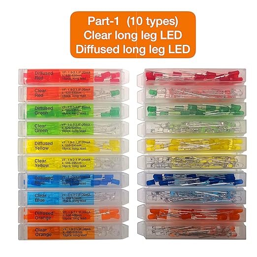 EEEEE (10 Types) 180 pcs Long Lead 5mm LED kit and LED diode Lights Emitting Diode LED Assortment Kit for Tiny Small led and Single led Light led 5mm led Lights led diode Lights diode led