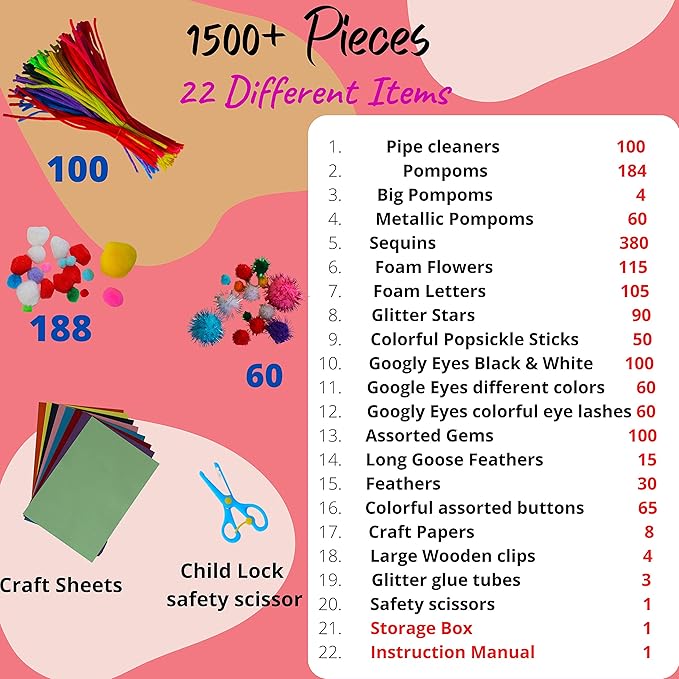 KiddlingKids Arts and Crafts Supplies Kits, DIY,Birthday Gifts, Home School, Toddler Kindergarten Activity Set, Pipecleaners, Pom Poms, Popsickle Sticks All in One for Boys and Girls Ages 4 5 6 7 8