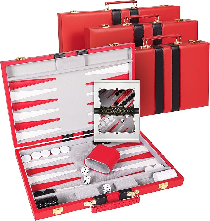 Backgammon Sets for Adults with Premium Leather Case | Classic Travel Backgammon Set for Adults and Kids with Strategy & Guide | 11 Inches | Small | Red