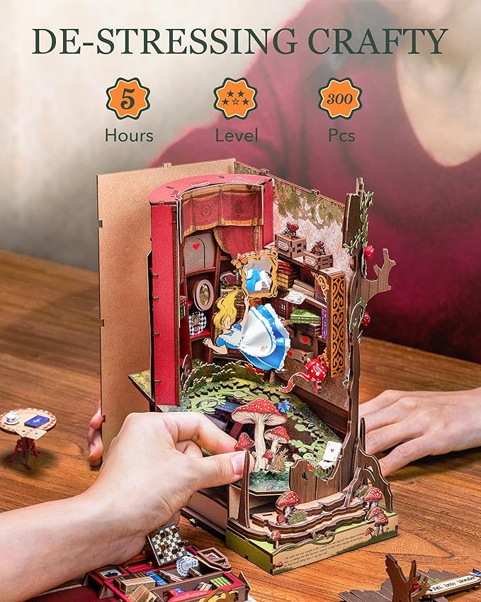 Rolife DIY Book Nook Kits Fall into Wonder, Fairy Tale Bookend Wooden 3D Puzzles for Bookshelf Decor, DIY Miniature House Building Kit for Adults, DIY Crafts/Surprised Gifts for Teens & Book Lovers