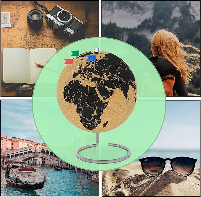 Beautiful Cork Globe with 102 Different Push Pins - Spinning Travel Globe 26cm / 10 inch High with Push Pin Made of Cork – as Travel Map & Gift Idea for Globetrotters