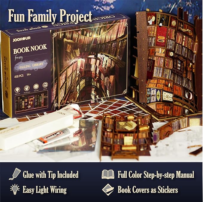 DIY Book Nook Kit, Alice in Wonderland, Dollhouse Miniature, Booknook Bookshelf Insert Alley 3D Wooden Puzzle, Bookends Model Building Kit, Gift for Teens and Adults, Falling Library