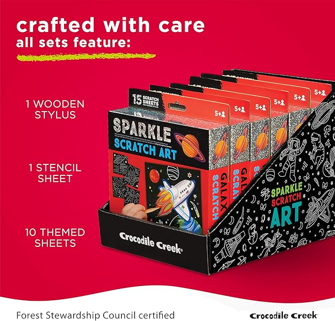 Crocodile Creek Unicorn Sparkle Scratch Art for Kids - 16-Sheet Scratch Art Set with 10 Themed Sheets, 5 Blank Sheets, Stencil, and Stylus - Thoughtful Stocking Stuffers, Gifts, Art Supplies for Kids