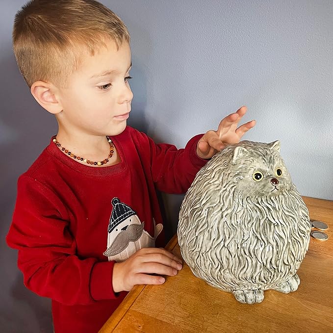 Winsterch Ceramic Piggy Bank for Boys and Girls - Money Saving Box for Kids and Adults, Grey Cat Design, 7.49 x 5.9 Inches