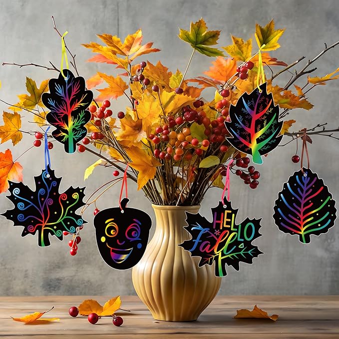 90shine 60 Sets Fall Crafts for Kids Black Scratch Autumn Leaves Magic Craft Art Kit Thanksgiving Classroom Preschool Activities Party Favors
