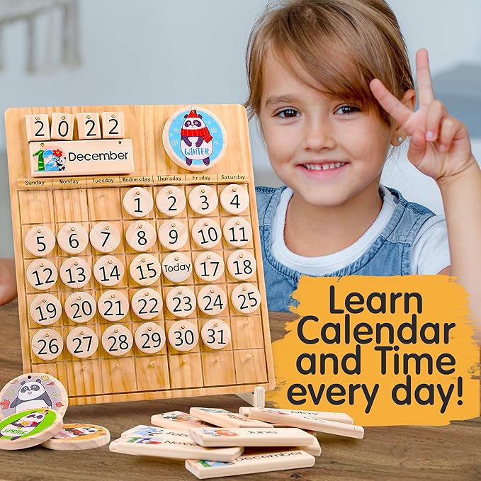 Panda Brothers Wooden Perpetual Calendar - Montessori Toy for Kids Learning Seasons, Months and Days of The Year, Preschool Calendar for Kids Learning at Home and Classroom Teaching, on Desk and Wall