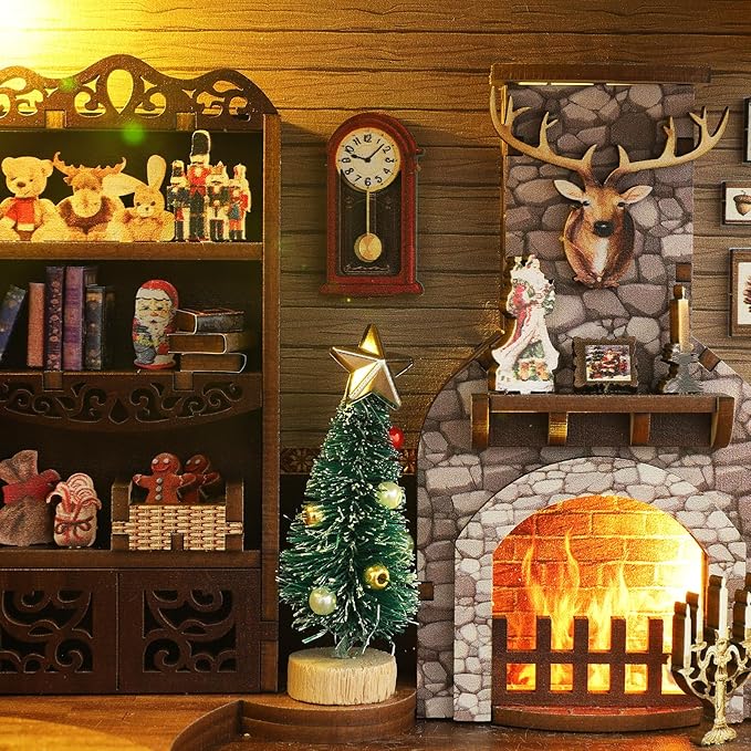 DIY Book Nook Kit, Miniature Bookshelf Decor with LED Lights, Laser-Cut Wooden Craft Set for Adults, Creative Gift for Christmas, Birthday, Xmas, Merry Christmas