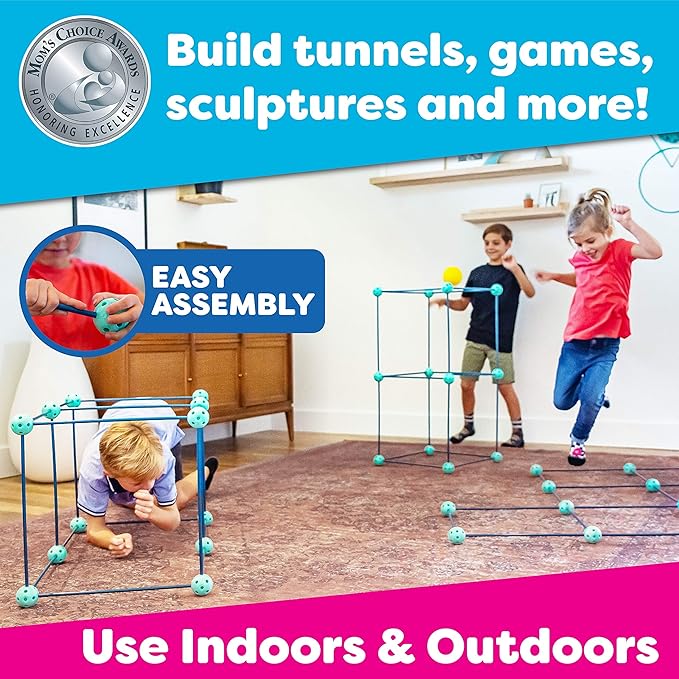 Power Your Fun Forts Kids Tent - 81 Pack STEM Toy Fort Building Kit, Building Toys Play Tent Indoor and Outdoor Playhouse for Kids Construction Toys with 52 Rods and 29 Spheres (Green, Blue)