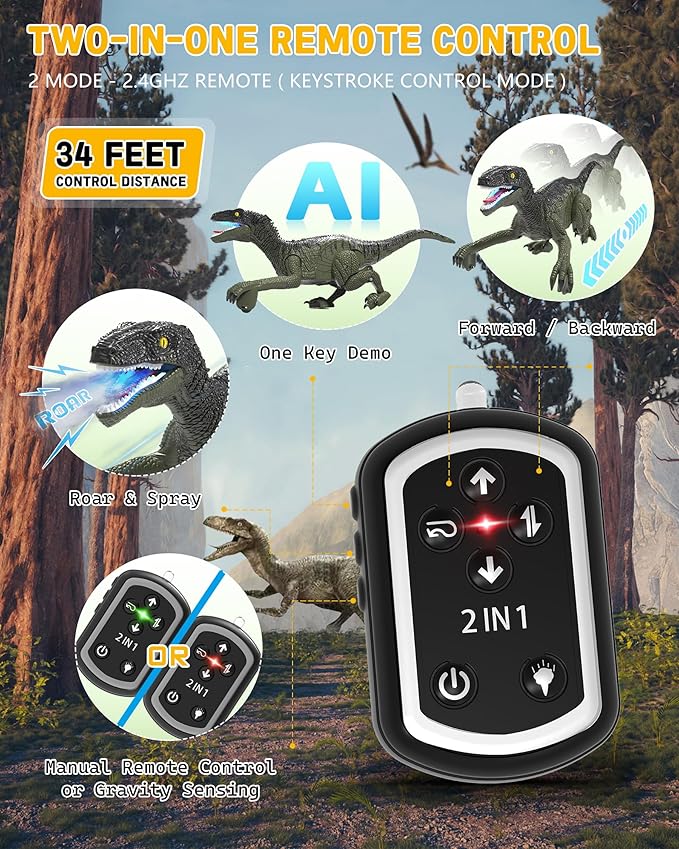 Eulogia RC Dinosaur Car for Kids, Walking Dinosaur Toy with 2-in-1 Remote, Gesture-Sensing & Remote Control Dino Car with Light, Spray, Roaring Sound, Robot Dino Pet Toys Gift for Boys Girls