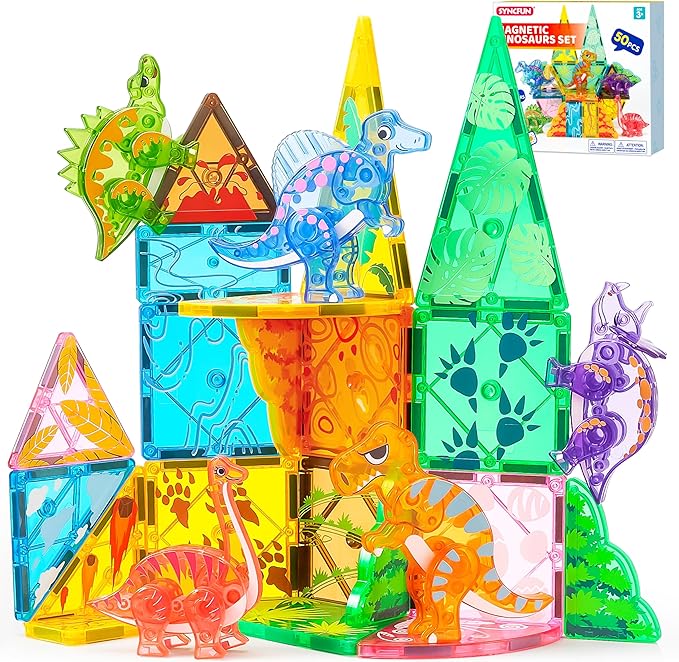 SYNCFUN Magnetic Building Tiles Dinosaur Set for Kids, 50PCS Including 5 Cute Dinosaurs, Educational STEM Toy for Boys & Girls Ages 3-5 4-8, Christmas Birthday Party Gift for Toddlers