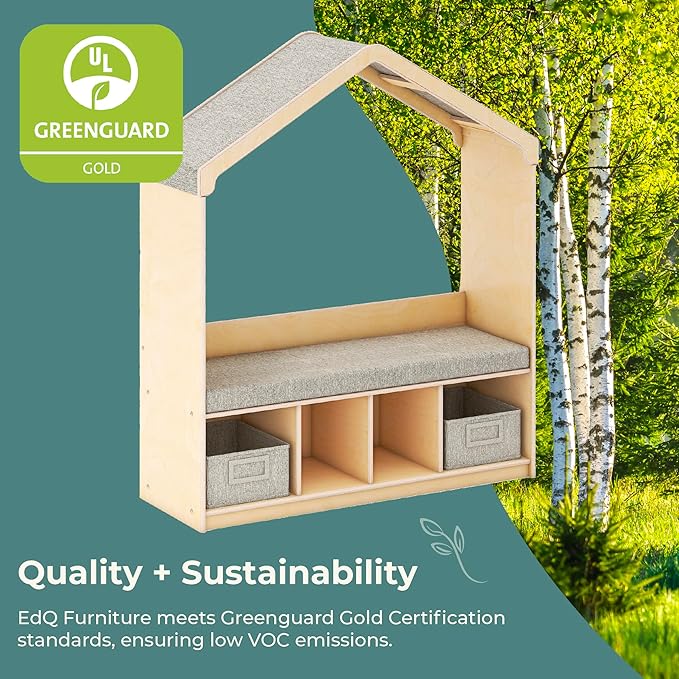 Guidecraft EdQ Kids' Reading Nook - Natural: Wooden Storage Bench Bookcase Organizer with Divided Cubbies and Bins for Books and Toys | Preschool and Homeschool Furniture