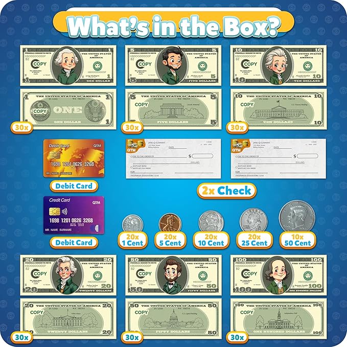 Play Money for Teaching, Pretend Money for Kids Cash Register, Fake Money Toy, Homeschool Supplies Essentials Organization, Math Manipulatives