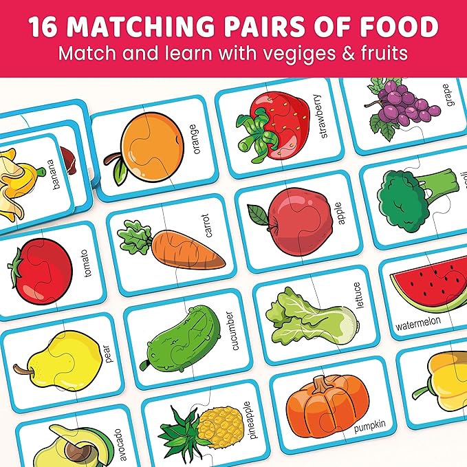 QUOKKA Toddler Puzzles Ages 2-4 – 100% Self-Correcting 16 Matching Pairs of Fruits Veggies – Educational Toddler Puzzles Ages 1-3 with 32 Pieces - Memory Matching Games for 3-5 Years Old Boys & Girls