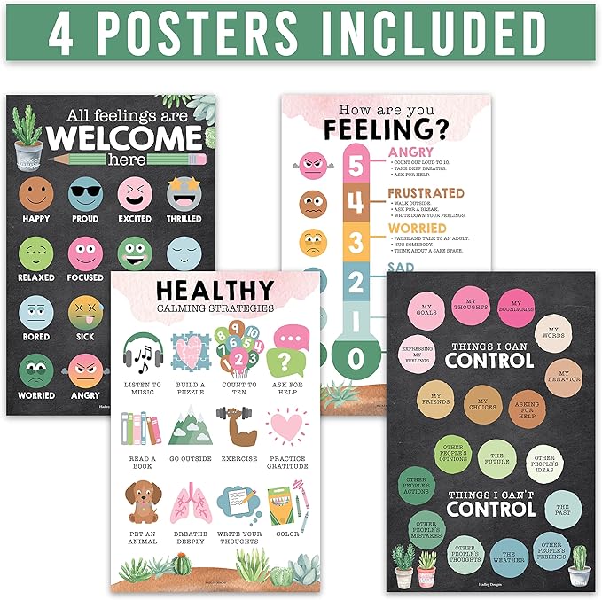 Hadley Designs Feelings Chart For Kids Ages 4-8 - Emotions Chart For Toddlers 3-5, Counseling Feelings Posters For Classroom Calming Corner, Social Emotional Learning Posters, Cactus Classroom Decor