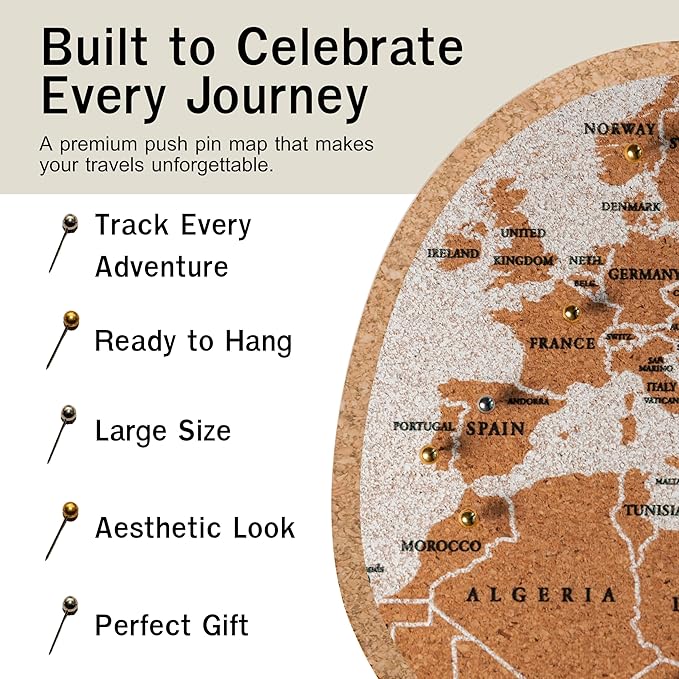 Push Pin World Travel Map – 30" x 20" Framed Cork Board Wall Art, Large Push Pin Map for Tracking Adventures, Unique Gift for Travelers, Couples, and Families