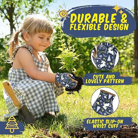 HANDLANDY 2 Pairs Kids Genuine Leather Gardening Gloves for ages 3-11, Children Toddler Work Outdoor Playing Gloves for Boys Girls Gift (Large (for age 8-11), Blue)