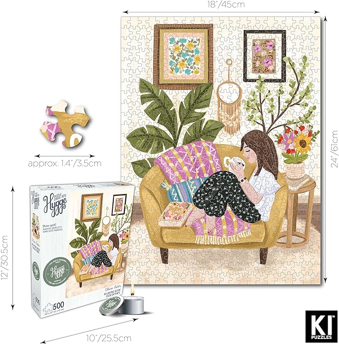KI Puzzles 500 Piece Puzzle for Adults Hygge Collection Relaxing Nook by Olivia Gibbs Blueboard Jigsaw + Candle by Playview Brands