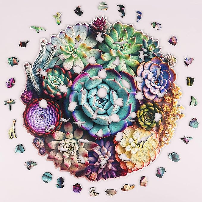Wooden Jigsaw Puzzles - Mandala Succulent Plants, 100 Piece Luxurious Shaped Wooden Puzzles for Adults and Kids, Family Game, 7.7'' x 7.4''