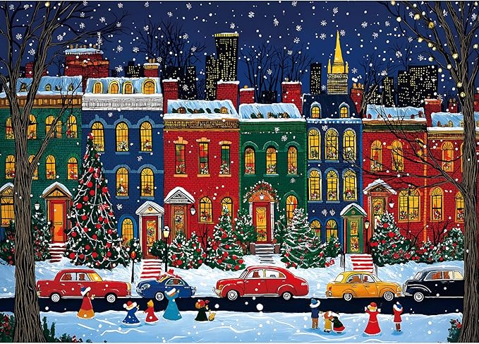 Vintage Winter Christmas City Jigsaw Puzzle 1000 Pieces for Adults with Back Letters - Snowy Nightscape with Santa Claus Trees Cars Family Challenge Gift Game Night Size (27.6x19.7) Inch