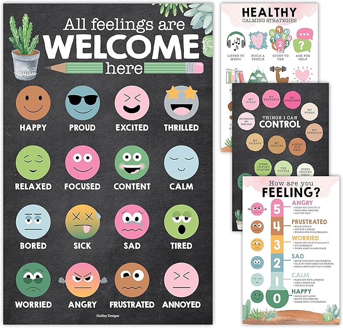 Hadley Designs Feelings Chart For Kids Ages 4-8 - Emotions Chart For Toddlers 3-5, Counseling Feelings Posters For Classroom Calming Corner, Social Emotional Learning Posters, Cactus Classroom Decor