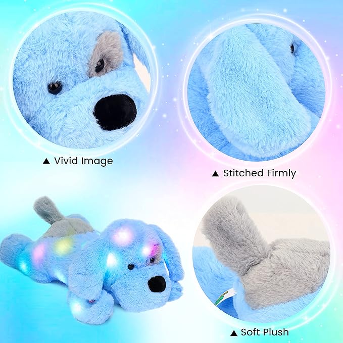Hopearl Lighting Up Plush Puppy Adorable LED Stuffed Animal Dog Floppy Pup Night Lights Glow in The Dark Birthday Festival for Kids Toddler Girls, Blue, 17''