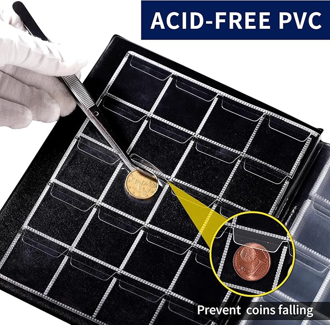 200 Pockets Coin Album - Coin Collecting Book with 10 Pages, 33x33 mm Grid Holder for Pounds Pence Cents Dollars Nickel (Black) CS48200BK
