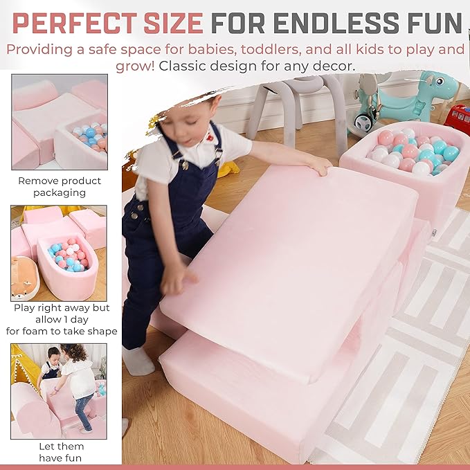 Foam Climbing Blocks for Toddlers & Babies – 5-Piece Soft Playset with High-Density Memory Foam & Velvet Cover – Indoor Climb and Crawl Activity Play Set for Motor Skills Imaginative Active Fun - Pink