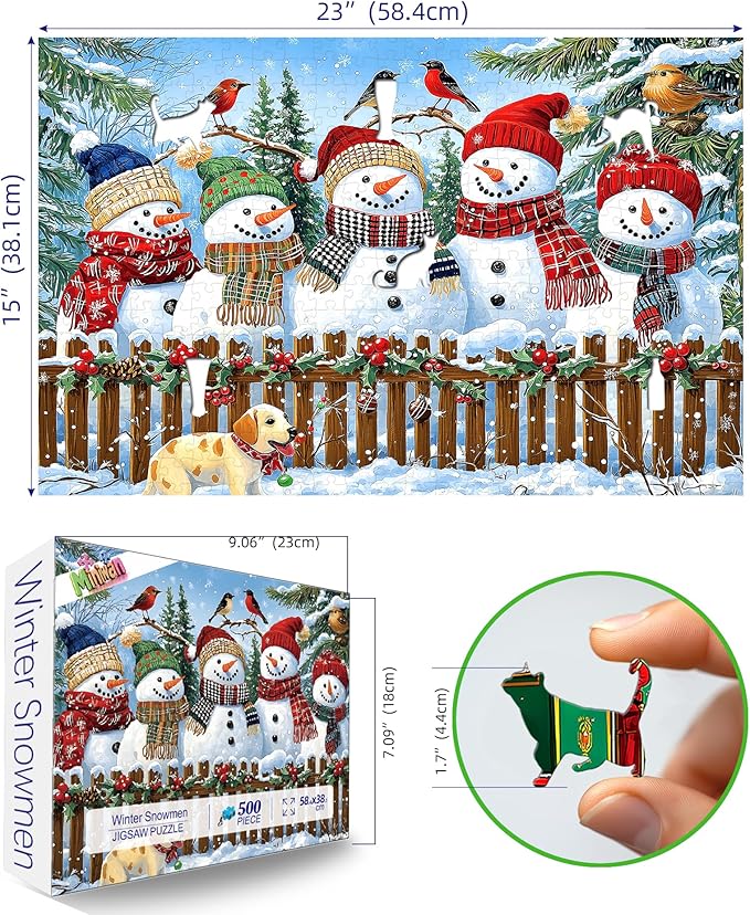 Christmas Jigsaw Puzzles 500 Pieces for Adults - 23x15 Inches Winter Holiday Puzzle with Unique Shaped Pieces, Fun & Challenging Snowman Art for Christmas Vacation