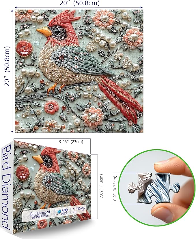 Crystal Bird 500 Piece Puzzles for Adults Cute Cardinal Floral Art Jigsaw Puzzles Bird Diamond Puzzle with Letters on Back Hard Impossible Difficult Unique Challenging Family Puzzle(20"x20")