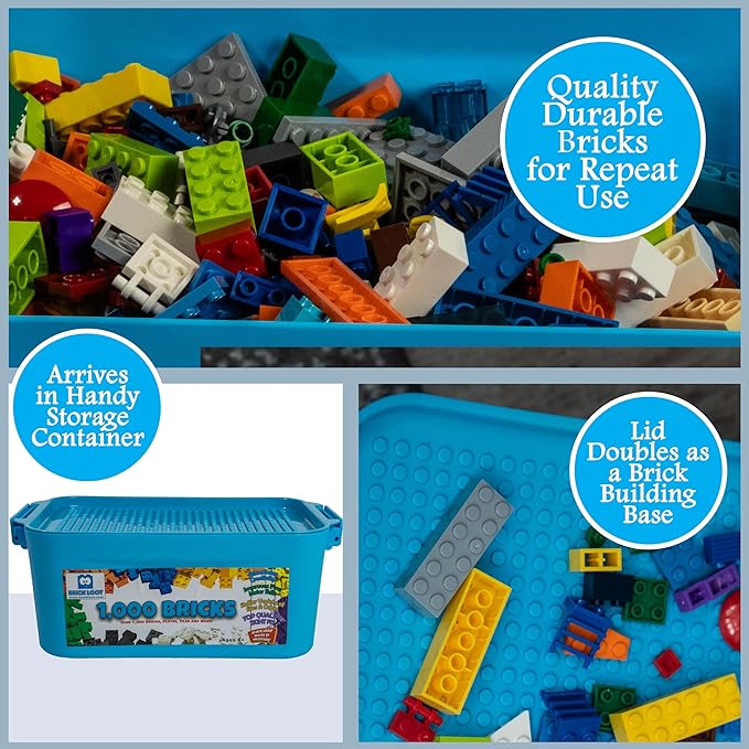 Brick Loot 1,000 Bricks Plus 70 Building Blocks Bulk Set – 1,070 Pieces with Deluxe Storage Box, Lego-Compatible Mixed Colors Classic Bricks, Creative STEM Construction Toys for Kids & Adults