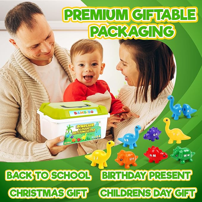 Bambibo Dinosaur Alphabet Learning Toys - 52pc in Storage Box | 26 Double Sided Dino Matching Toys | Preschool Dinosaur Letter Matching Toy for Toddlers 3-5