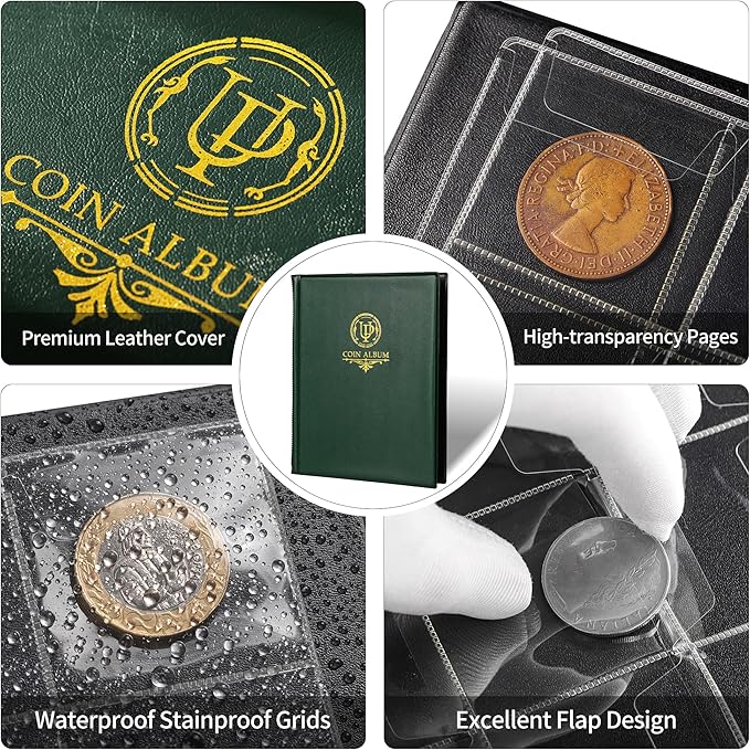 160 Pockets Coin Album - 10 Sheets Mixed Sizes Coin Holder 45x43/33x33 mm Collecting Grid for Pounds Pence Cents (Green) CS48160GR