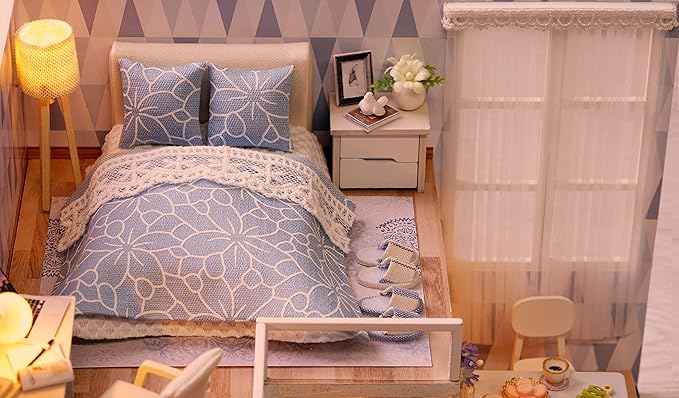 CUTEROOM DIY Miniature Dollhouse Kit with Furniture,Wooden Doll House Plus Music Movement & LED Lights, DIY House Kit for Christmas Birthday- Blue Times