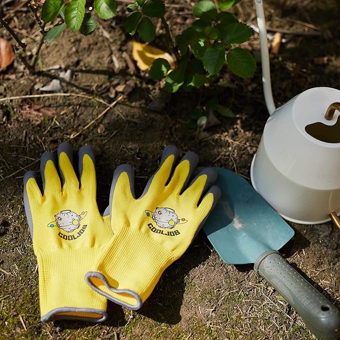 COOLJOB 3 Pairs Kids Gardening Gloves for Age 9-12, Grippy Rubber Coated Garden Work Gloves for Children, Orange & Green & Yellow, Large Size (3 Pairs L/Big Kid)