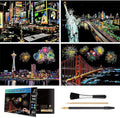 Rainbow Scratch Art Painting Paper (A4) for Adults & Teens, Night View Scratchboard Set:4 Sheet Scratch Cards, Clean Brush, Drawing Pen(Times Square/Golden Gate Bridge/Seattle/Statue of Liberty)