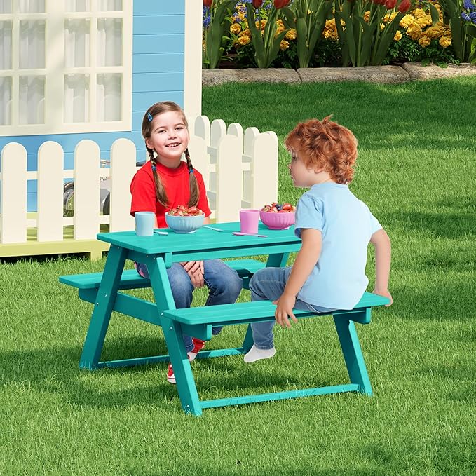 Costaelm Kids Picnic Table, HDPE All Weather Outdoor Toddler Picnic Table and Chair Set Kids Bench for Patio, Backyard, Garden, Lawn, Turquoise