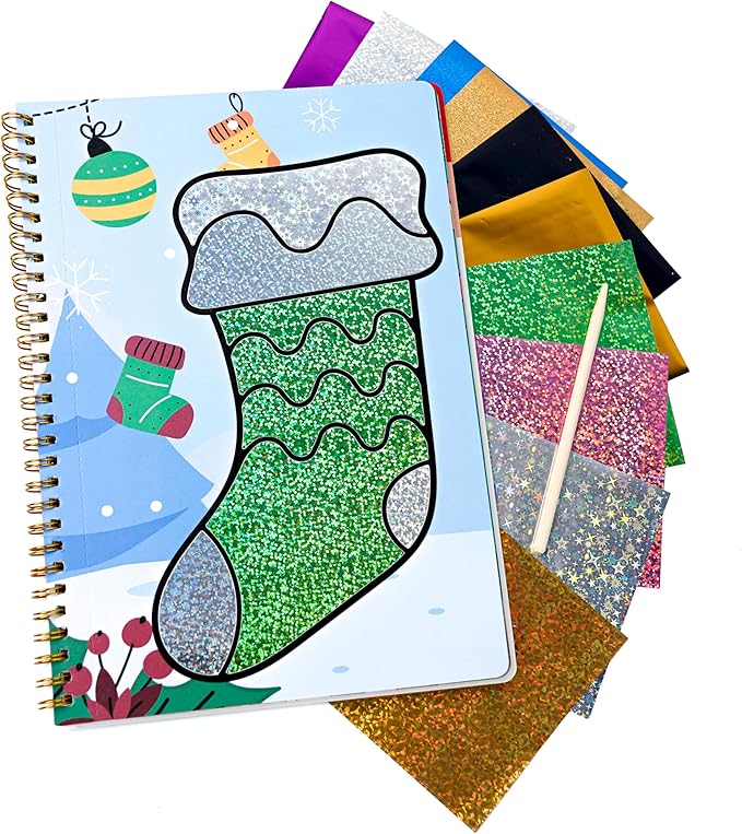 Fun & Mess-Free Foil Art Kit for Kids – 80 Foil Sheets & 32 Art Cards, No Glue Needed, Creative Craft Gift for Christmas Halloween Holiday Birthday（Christmas Version）