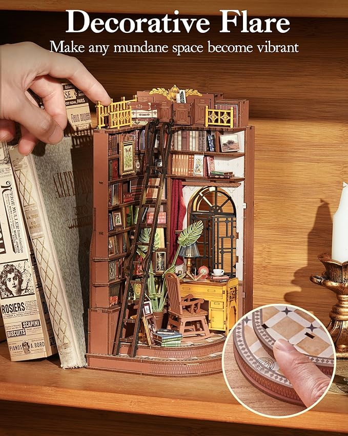 ROBOTIME Book Nook Kit, DIY Miniature House Kit, 3D Wooden Puzzle Bookends,Bookshelf Decor, Simple Assembly Dollhouse Kit, Creative Unique Gifts for Adults/Teens/Beginner (Silent Corner Study)